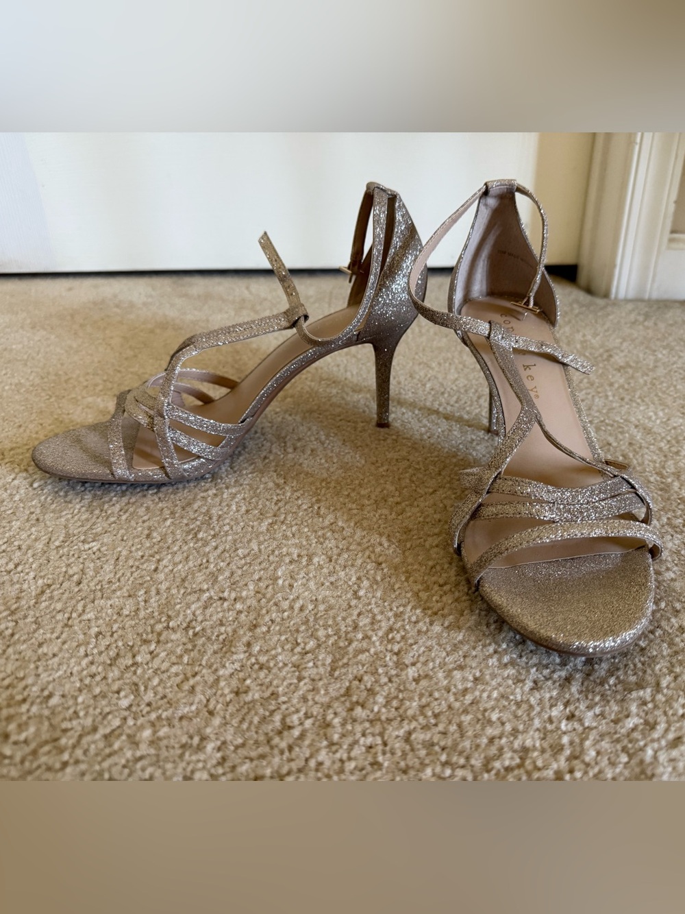 Copper Key Glitter Strappy Stiletto Sandals - Champagne Gold